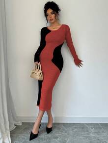 Elenzga 女士优雅撞色修身毛衣裙，秋冬 - 紅色 - 查看 3