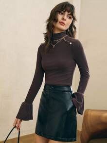 INAWLY Áo len dệt kim tay dài màu trơn cổ đứng cài nút cổ điển tay loe - màu nâu - Xem 7