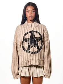 SUMWON WOMEN Áo khoác bomber dệt kim họa tiết ngôi sao cỡ lớn có họa tiết cũ kỹ, trang phục thường ngày mùa đông - Màu be - Xem 3