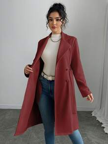Rafferiza Women's Solid Color Faux Suede Double-Breasted Side Pocket Regular Jacket - Red - View 7