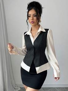 Selianne Áo sơ mi nữ dài tay 2 trong 1 sọc trơn màu giản dị - màu đen - Xem 5