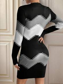 EMERY ROSE Color Block Long Sleeve Fitted Dress, Autumn Fall Cloth For Women - Multicolor - View 2