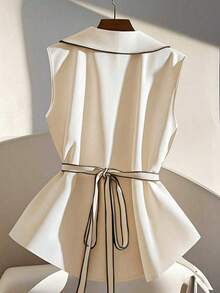 Franclia 1pc Women Contrast Trim Sleeveless Blouse, 1pc Women Apricot Waist Cinched Blouse