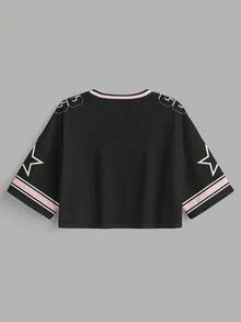 Slaydiva Áo thun lưới tay 5/8 cổ chữ V rộng rãi thoải mái dành cho nữ, phù hợp cho mùa hè, phù hợp cho các trò chơi thể thao - màu đen - Xem 2