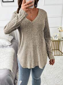 EMERY ROSE Plus Size Women's Casual V-Neck Long Sleeve Ribbed Knit T-Shirt, Solid Color, Versatile For Daily Wear, Spring/Autumn - Apricot - View 6