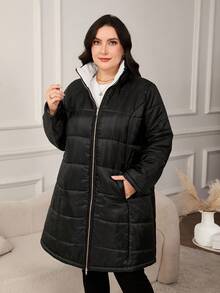 Ellevyn 女士加大码羽绒服，黑色条纹，带口袋，金属拉链，适合秋冬季节穿着。 - 黑色 - 查看 5