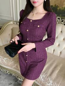 DAZY 女式优雅方领纹理纽扣装饰迷你连衣裙，秋季 - 紫色 - 查看 2