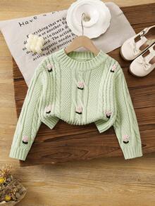 SHEIN Vintaside Kids 女童手工刺绣花卉针织落肩短款毛衣，适合秋冬季外套 - 綠色 - 查看 6