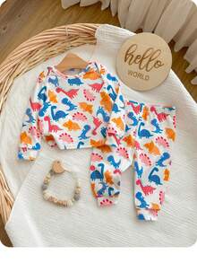 SHEIN 新生女婴休闲可爱卡通图案针织长袖睡衣套装 - 彩色 - 查看 3