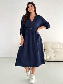 SHEIN Essnce 大码女装秋冬时尚休闲宽松舒适日常深蓝色 V 领长袖腰中长连衣裙带口袋，秋季服装，简约风格，工作服 - 藏蓝色 - 查看 4