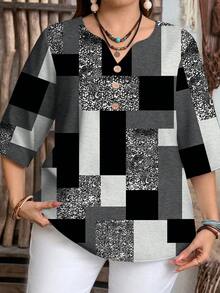 EMERY ROSE Plus Size Casual Colorblock Geometric Pattern Round Neck Shirt, Suitable For Spring And Autumn - Grey - View 3