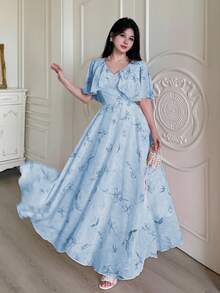 Modelyn 女式 V 领斗篷设计束腰飘逸花卉印花雪纺连衣裙 - 藍色 - 查看 5