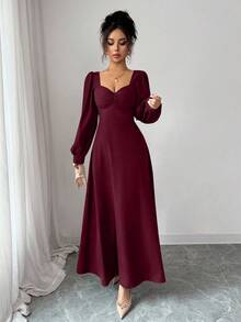 Elenzga 女士优雅方领泡泡袖束腰长裙，适合日常通勤 - 酒紅色 - 查看 5