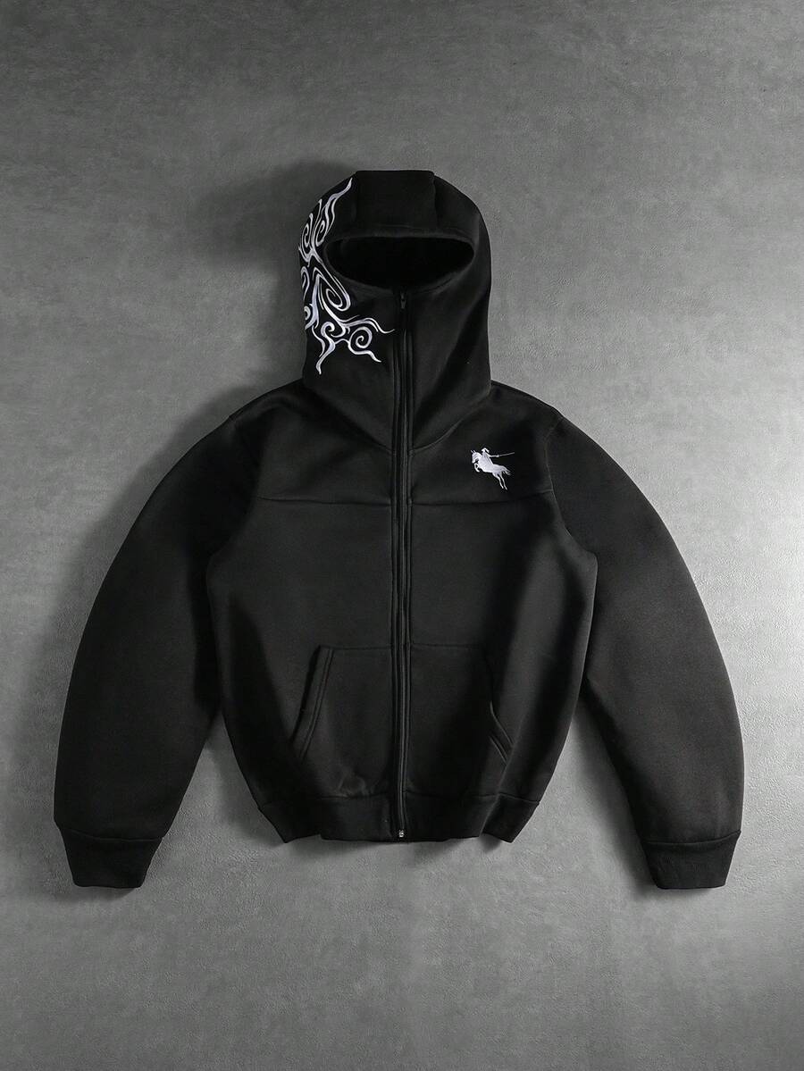 PAVTROS Men's Autumn Knight Print Zip-Up Thermal Lined Hooded Sweatshirt With Pockets, Casual Hoodie Men Street Wear Zip Up Black Graphic Hoodies, Long Sleeve Top - Black - View 1