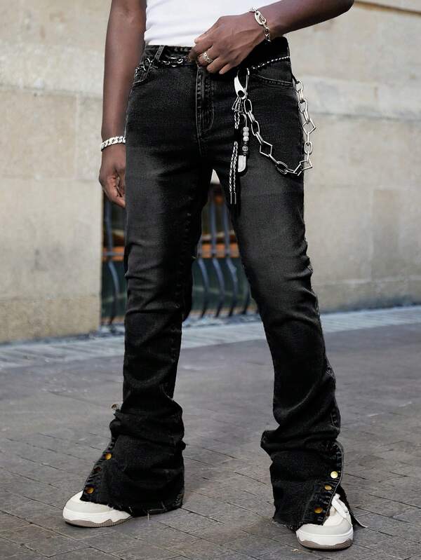 ROMWE MEN Street Life Jeans casuales de mezclilla lavada con pliegues y bolsillos en capas para hombres