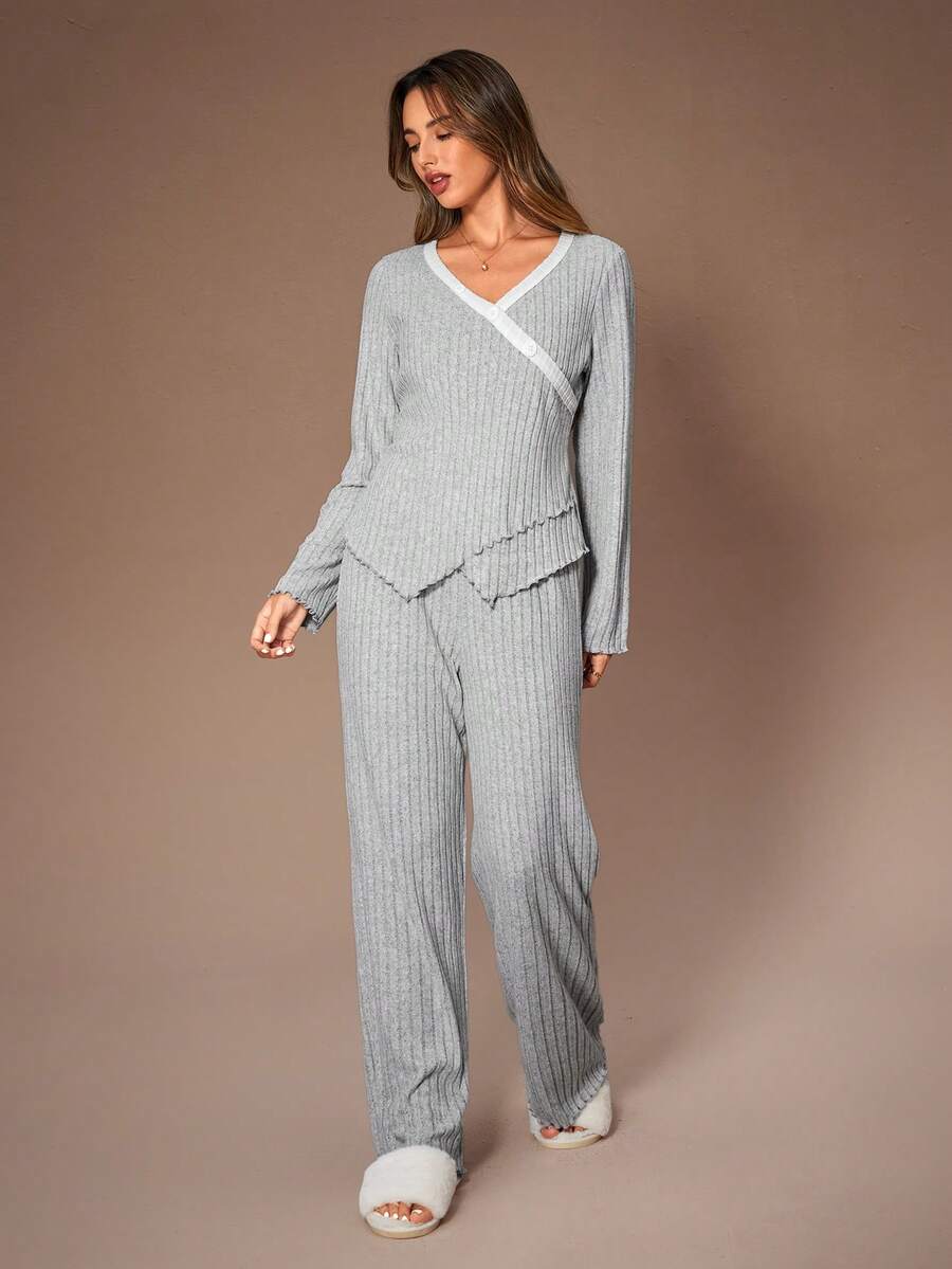 Lazeform 女士针织休闲V领撞色纽扣装饰V领长袖上衣和裤子睡衣套装，女士家居服套装，针织睡衣两件套，女士针织家居服，秋冬服装 - 彩色 - 查看 1