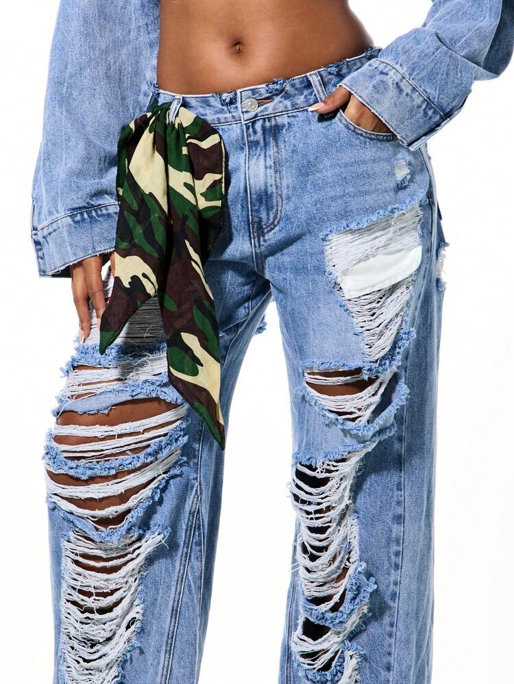 SUMWON WOMEN Extreme Distressed Low Rise Ripped Wide Leg Jeans For Women Street Style Camo Bandana Grunge Fashion