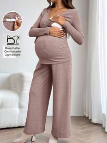 SHEIN Bộ 2 áo thun dài tay gân màu trơn cho bà bầu và quần ống đứng rộng rãi - Hồng - Xem 3