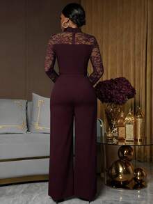 Lunelith SHEIN Lunessa Bộ đồ liền thân ren tương phản thanh lịch dành cho nữ - Màu Đỏ Sâu - Xem 2