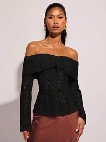 COSMINA 女士优雅蕾丝露肩衬衫，适合春夏季度假 - 黑色 - 查看 4