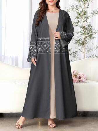 SHEIN Najma Bata árabe de manga larga con estampado geométrico de estrellas, de moda para mujer, informal, para primavera/otoño