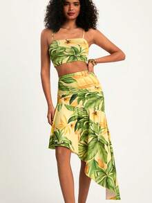CAJUNI Women's Tropical Print Cropped Camisole And Ruched Waist Asymmetric Hem Skirt Set, Beach Skirt Set, Vacation Outfits Woman Skirt Set, Tropical Two Piece Set, Summer Skirt And Top Set, Beach Two Piece Set, Vacation Outfits Woman 2 Piece, Summer Two Piece Set Vacation - Yellow - View 8