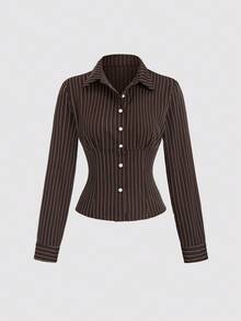 Sweetra Áo cánh tay dài họa tiết kẻ sọc cổ bẻ thời trang, màu sắc tương phản, ôm sát eo, tôn dáng cho nữ - màu nâu - Xem 2