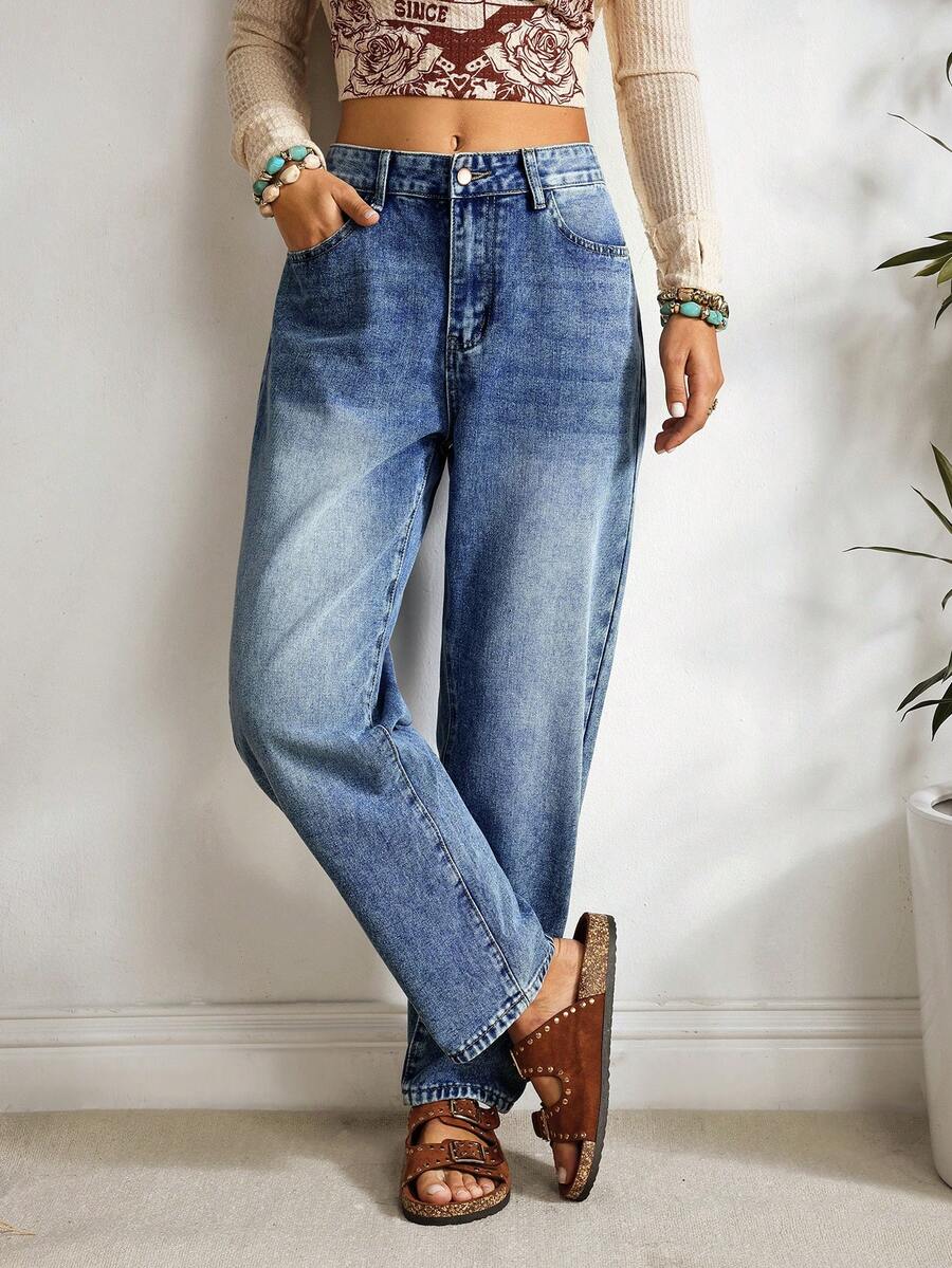 EMERY ROSE 女式宽松直筒口袋休闲百搭牛仔裤 - 藍色 - 查看 1