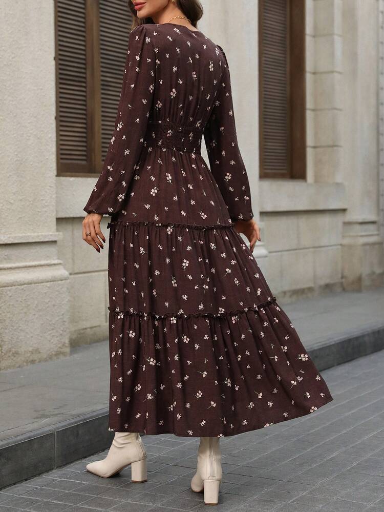 Women's Elegant Ditsy Floral Long Dress, Suitable For Commuting Long Sleeve Floral Maxi Dress Boho Long Dress Women's Long Floral Dress Long Casual Dress Autumn Dress