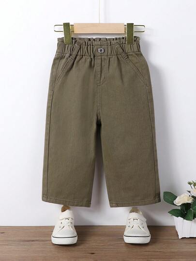 These Khaki Straight-Leg Loose-Fitting Pants For Baby Girls Feature A Ruffled, Tulip-Shaped Waistband For A Comfortable And Stylish Look. The Cute Design Is Fashionable, Simple, And Versatile, Suitable For All Seasons. The Fabric Is Comfortable And Adorable. Baby Khaki Pants