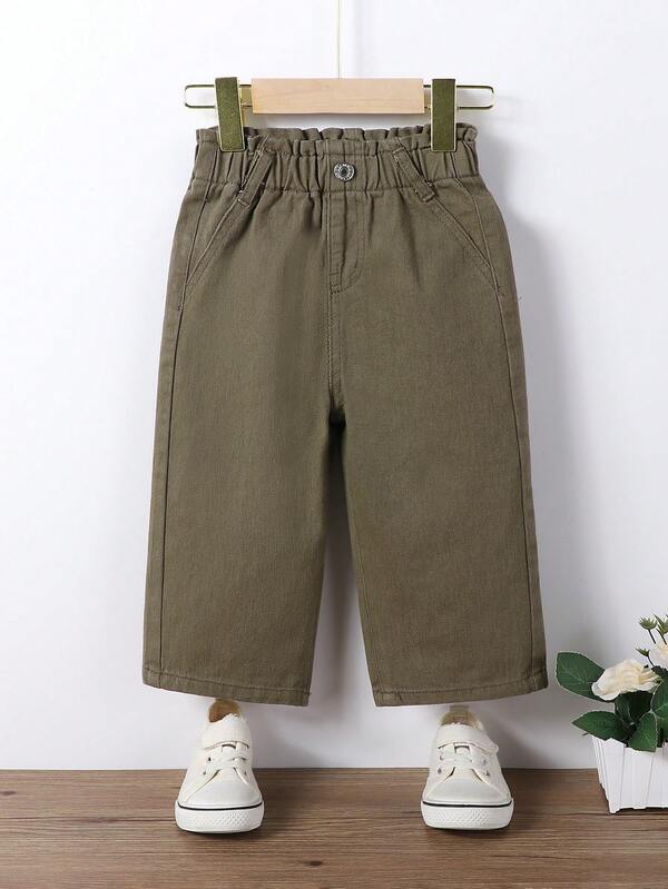 These Khaki Straight-Leg Loose-Fitting Pants For Baby Girls Feature A Ruffled, Tulip-Shaped Waistband For A Comfortable And Stylish Look. The Cute Design Is Fashionable, Simple, And Versatile, Suitable For All Seasons. The Fabric Is Comfortable And Adorable. Baby Khaki Pants