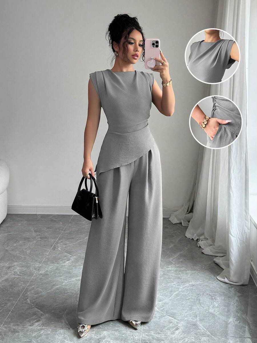 Rafferiza 2件套女士纯色纹理褶皱圆领无袖上衣 - 灰色 - 查看 1