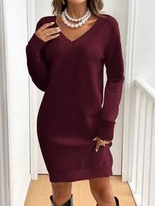 SHEIN Frenchy Váy len ngắn tay dài viền bèo nhún ren cho nữ mùa thu/đông - Màu Hồng Tươi - Xem 2