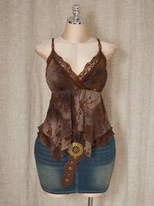 SHEIN ICON 女士加大码性感度假复古波西米亚风植物系列田园风棕色网纱花朵植绒拼接蕾丝V领串珠不对称下摆吊带背心 - 彩色 - 查看 5