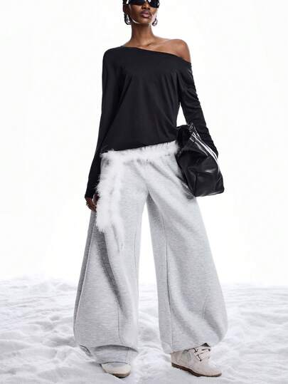 LYSMO 2025 New Arrive Minimalism Winter  Women's Autumn/Winter Fashion Curved Waistband Sweatpants Wide Leg Sweatpants Baggy Sweats Gray Sweatpants Sweats For Women Flare Sweat Pants