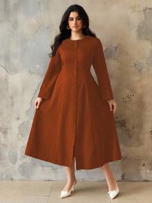 Roveilla Plus Size Women Vintage Elegant Autumn Brown Long Sleeve Dress,Minimalist Conservative Casual Solid Rust Brown Tea Party Elegant Dress For Women - Orange - View 6