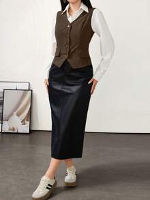 Modelyn Rompi Kasual Wanita Warna Polos Leher V Kancing Tunggal, Musim Gugur - Mocha Brown - View 4
