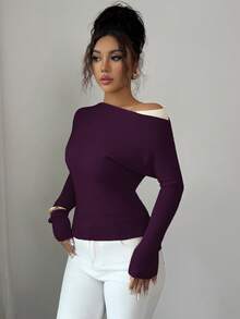 Elenzga Women's Colorblock Asymmetric-Shoulder Pullover Sweater, Elegant Vintage Style Suitable For Vacation And Holidays, Spring/Autumn - Red Violet - View 3