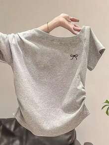 INAWLY 女式夏季新款性感不对称肩部蝴蝶结刺绣荷叶边修身T恤