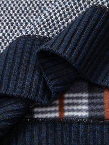 Manfinity Mode 男士保暖内衬撞色滚边半拉链套头毛衣，长袖针织衫，适合秋冬季穿着，藏蓝色，四分之一拉链毛衣 - 灰色 - 查看 3