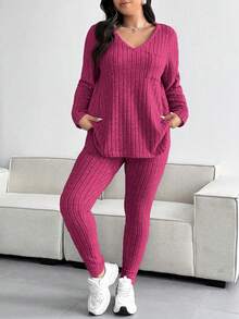 Vionelle Plus Size Solid Color Textured V-Neck Top And Pants Set Fall - Hot Pink - View 5
