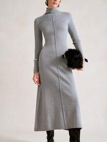 SHEIN Stylify 秋冬高领修身紧身中长连衣裙，优雅设计，长袖，针织长裙，适合高个子女性 - 淺灰色 - 查看 5
