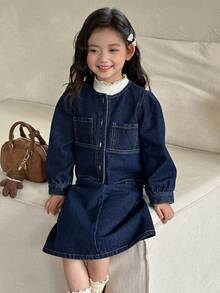 DAZY 女童牛仔上衣和裙子套装 - 藍色 - 查看 7