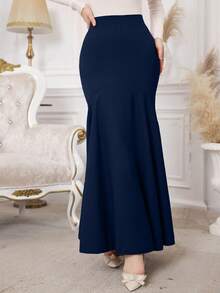 Modelyn Fitted High Waist Mermaid Flare Hem Women Skirt - Navy Blue - View 7