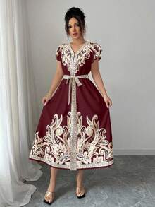 Elenzga Women's Romantic Vacation Bohemian Style Printed Dress - Burgundy - View 4