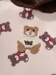 Cozy Pixies 2pcs Baby Boy Cartoon Bear Pattern Contrast Color Hooded Sweatshirt And Elastic Waist Pants Set - Khaki - View 5