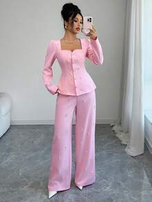 Rafferiza Women's Elegant Square Neck Long Sleeve Suit Set Women Pants Suit Two Piece Set Women Elegant 2 Piece Casual Sets Woman Pant Suit Summer Sets - Pink - View 7