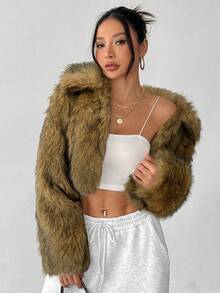 SHEIN PETITE Plush Gradient Women's Fake Fur Jacket, Cropped Style, Warm And Suitable For Autumn And Winter - Brown - View 6