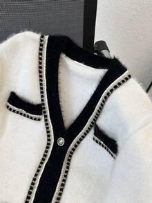 GlowEve Soft & Gentle V-Neck Fashionable Contrast Color Casual Versatile Women Knitted Cardigan, Autumn/Winter - White - View 3