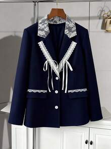 Elenzga Plus Size Women Front Button Long Sleeve Overcoat, Casual For Autumn/Winter - Navy Blue - View 1